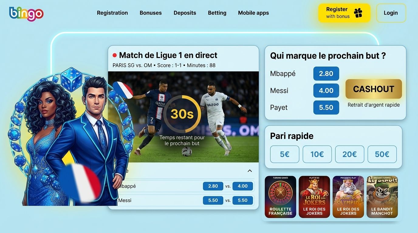 Un écran présentant un marché “Qui marque le prochain but” avec option cashout et chronomètre.