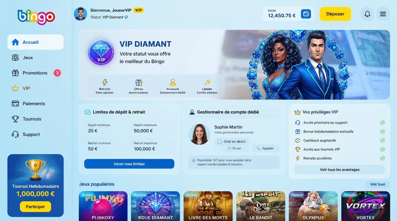 Badge VIP, limites élevées, privilèges exclusifs pour membres VIP.